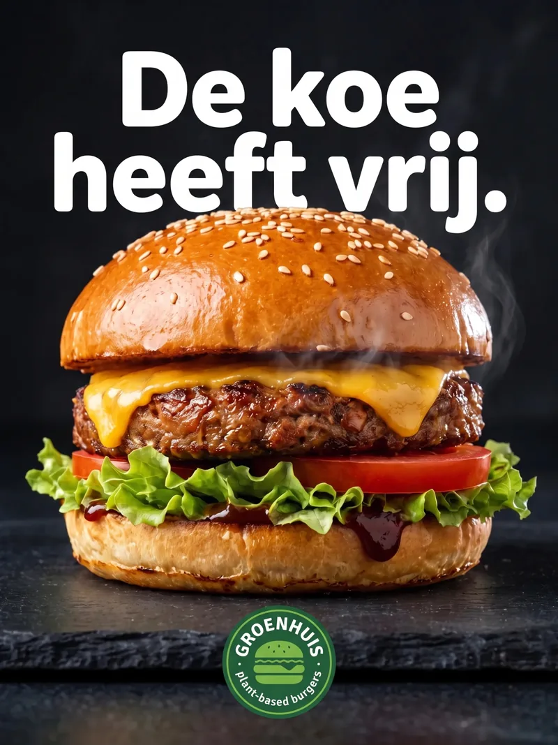 Plantaardige burger met sesambroodje, smeltende kaas en sla op een leistenen plaat, met de kop De koe heeft vrij voor Groenhuis