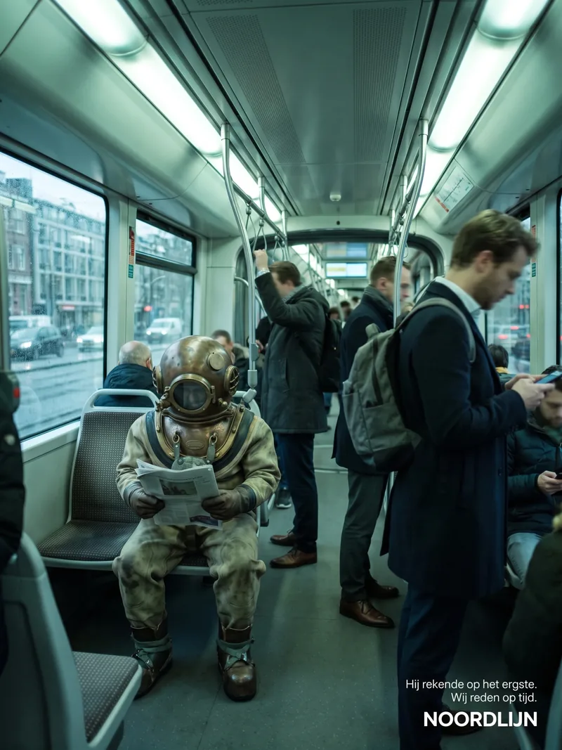 Duiker in koperen duikpak leest de krant in een volle tram, met de tekst Hij rekende op het ergste, wij reden op tijd voor vervoerder Noordlijn