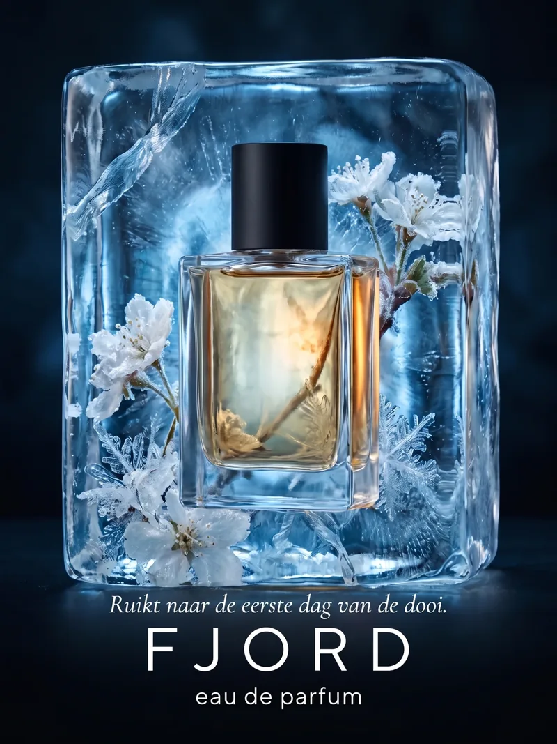 Parfumfles ingevroren in een blok ijs met witte bloemen, met de tekst Ruikt naar de eerste dag van de dooi voor Fjord eau de parfum