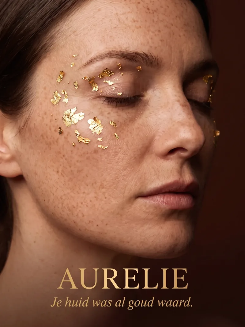 Close-up van een vrouw met sproeten en bladgoud op haar jukbeen, met de tekst Je huid was al goud waard voor Aurelie