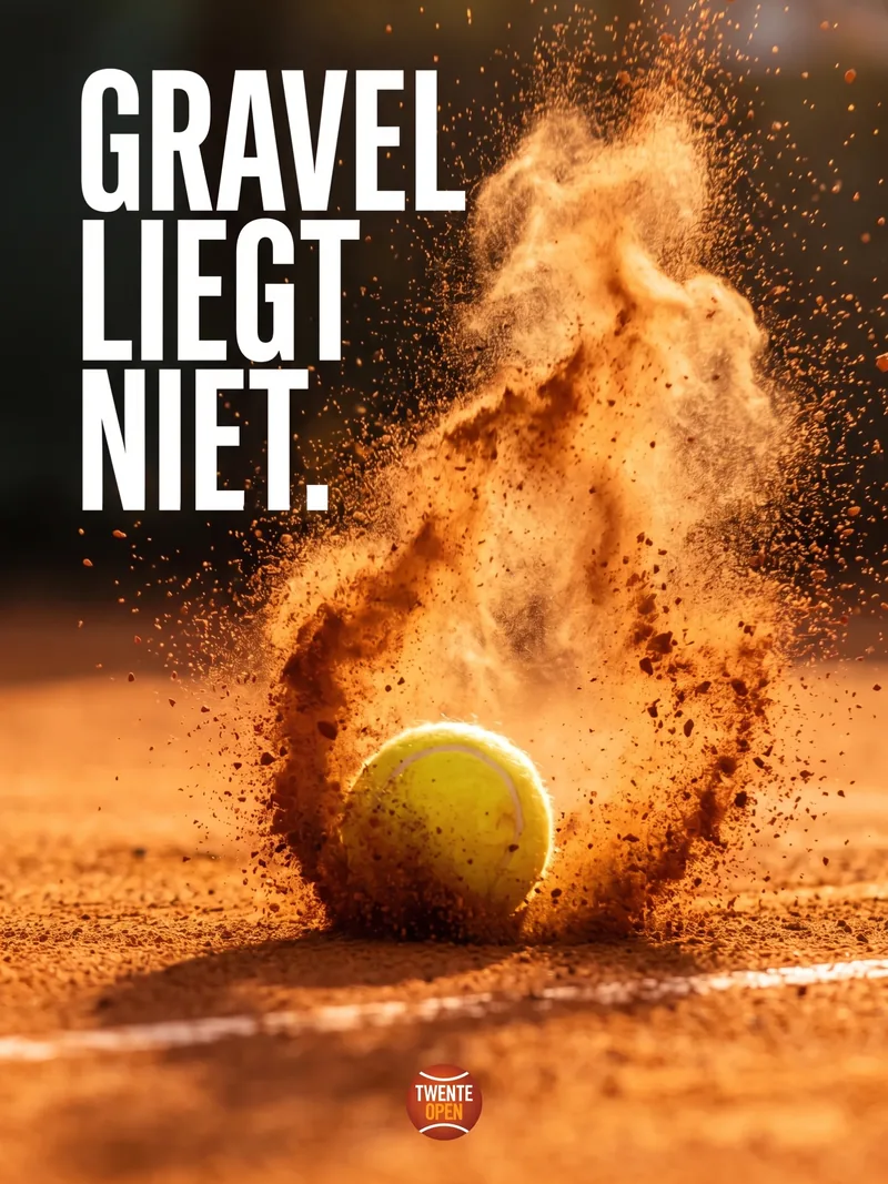 Tennisbal slaat in op gravel met een wolk van opspattend stof, poster Gravel liegt niet voor Twente Open