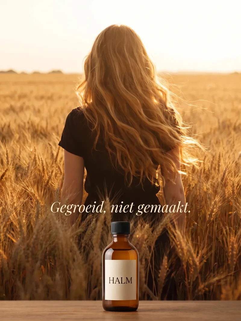 Vrouw met lang haar van achteren in een graanveld bij zonsondergang, met een flesje Halm shampoo met zwarte dop en de tekst Gegroeid, niet gemaakt