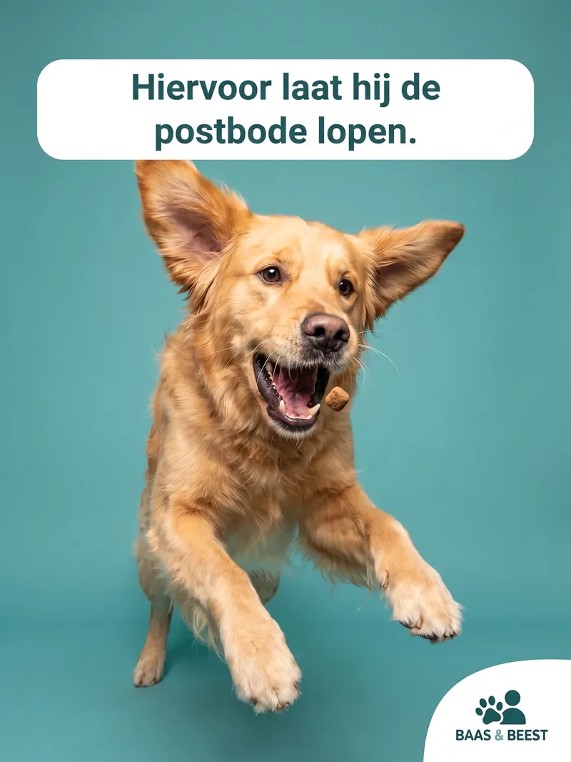 Golden retriever vangt in de sprong een brokje voor een groenblauwe achtergrond, met de kop Hiervoor laat hij de postbode lopen voor Baas en Beest