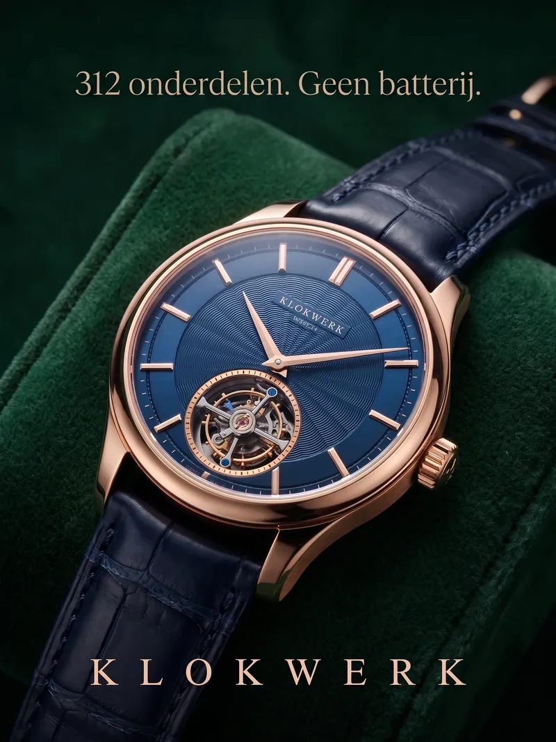 Roségouden horloge met blauwe wijzerplaat en open tourbillon op groen fluweel, met de tekst 312 onderdelen, geen batterij voor Klokwerk