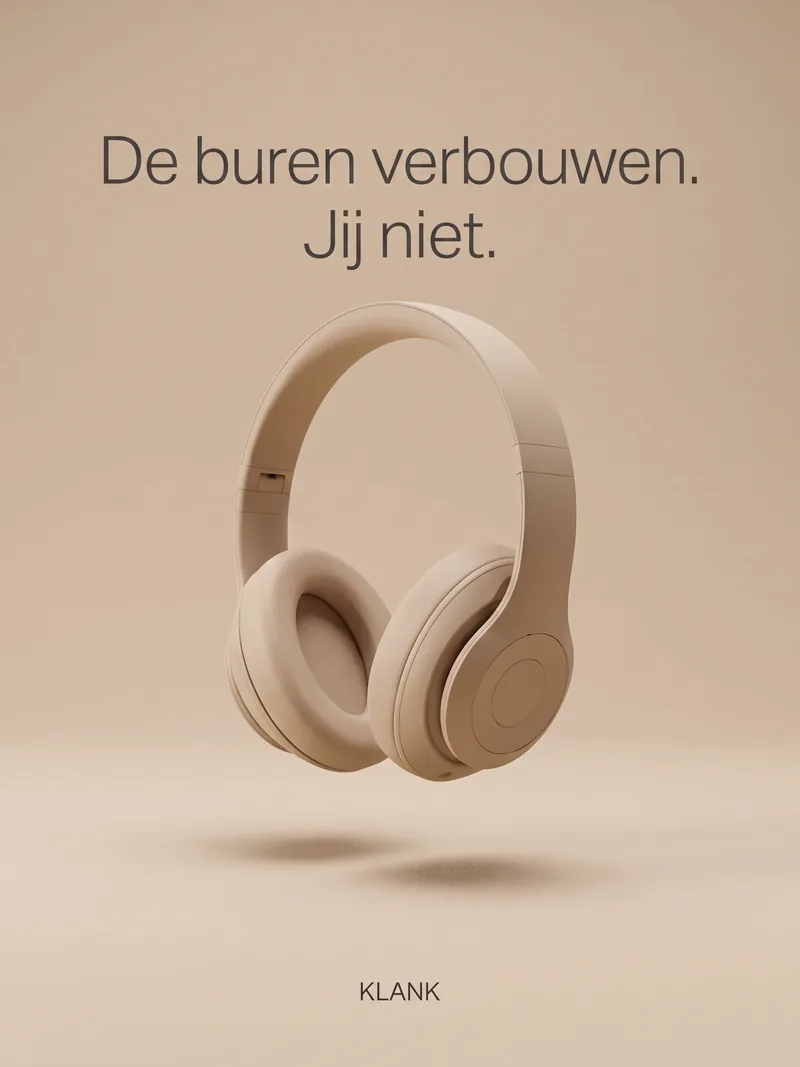 Zandkleurige draadloze koptelefoon zweeft in een zandkleurige studio, met de kop De buren verbouwen, jij niet voor Klank