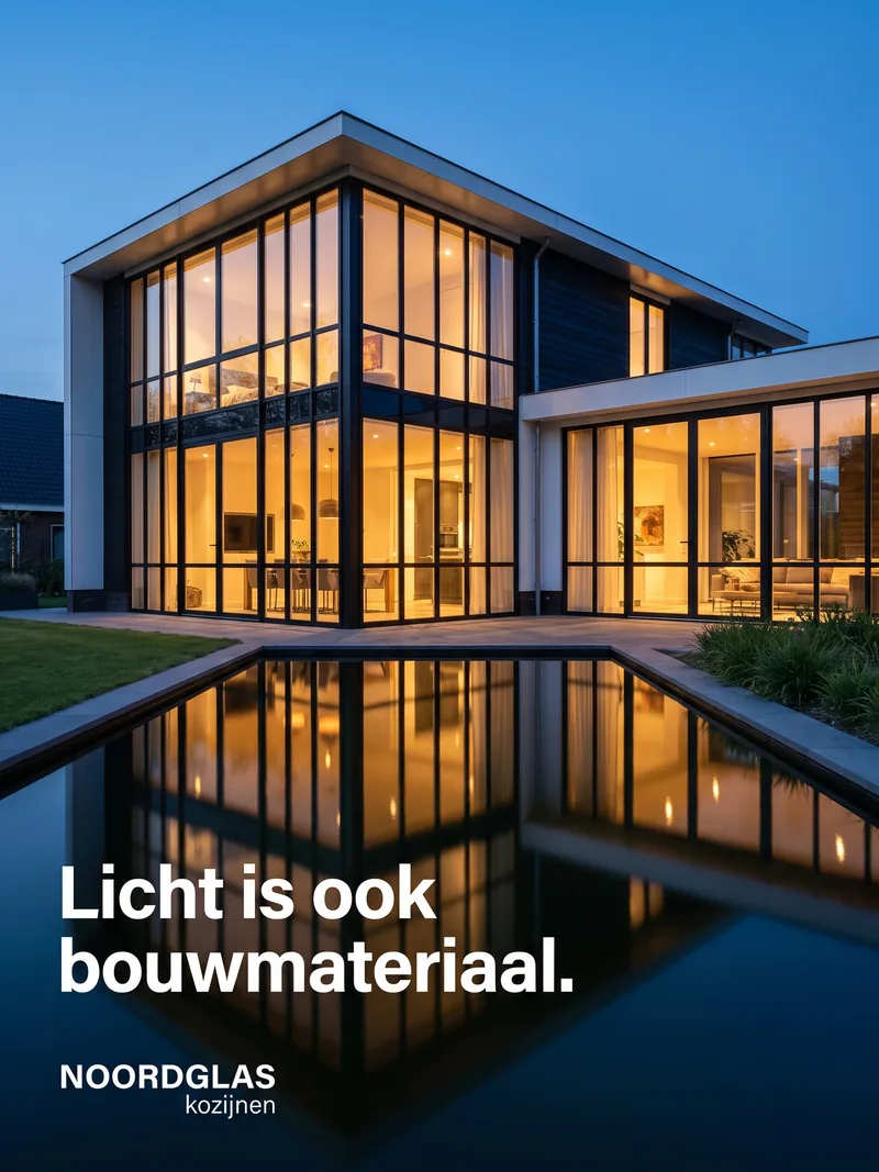 Moderne villa met zwarte kozijnen van vloer tot plafond in de schemering, gespiegeld in een vijver, met de kop Licht is ook bouwmateriaal voor Noordglas kozijnen