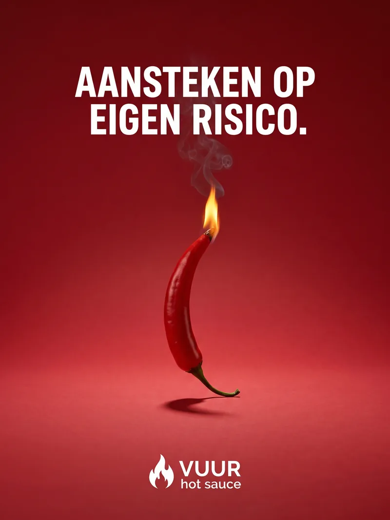 Rode peper die brandt als een lucifer op een rode achtergrond, met de kop Aansteken op eigen risico voor Vuur hot sauce