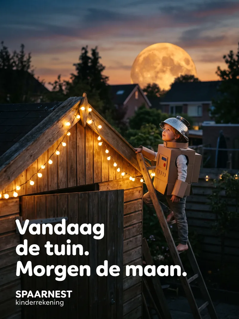 Kind in een kartonnen astronautenpak op een ladder bij een schuurtje kijkt naar de volle maan, voor Spaarnest kinderrekening
