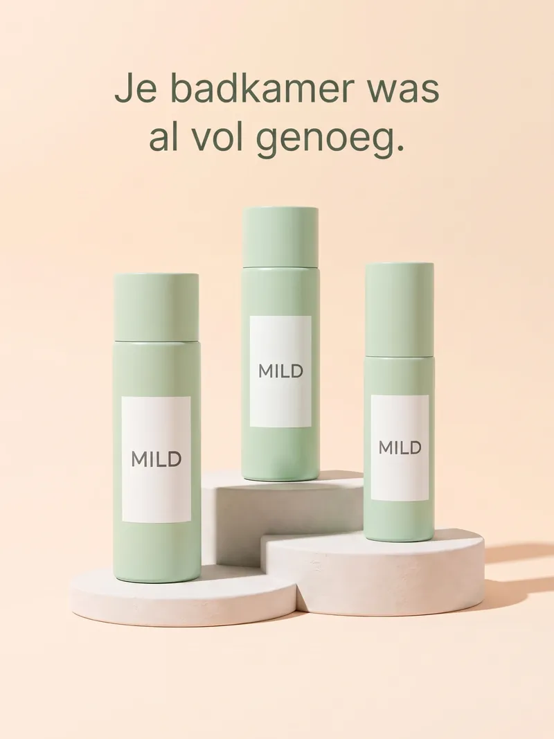 Drie pastelgroene flesjes huidverzorging van Mild op gipsen sokkels, met de kop Je badkamer was al vol genoeg