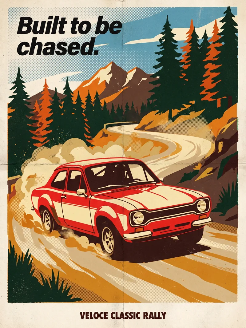 Poster in zeefdrukstijl van een rood-crème rallyauto in een bergbocht, met de kop Built to be chased voor Veloce Classic Rally