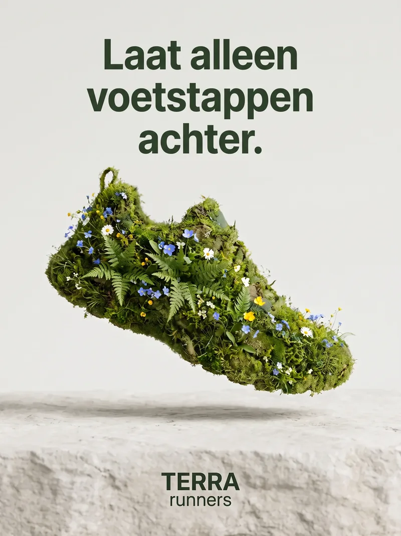 Hardloopschoen gemaakt van mos, varens en wilde bloemen, met de kop Laat alleen voetstappen achter voor Terra runners