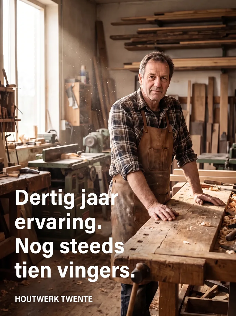 Timmerman met leren schort aan een eiken werkbank in zijn werkplaats, met de tekst Dertig jaar ervaring, nog steeds tien vingers voor Houtwerk Twente