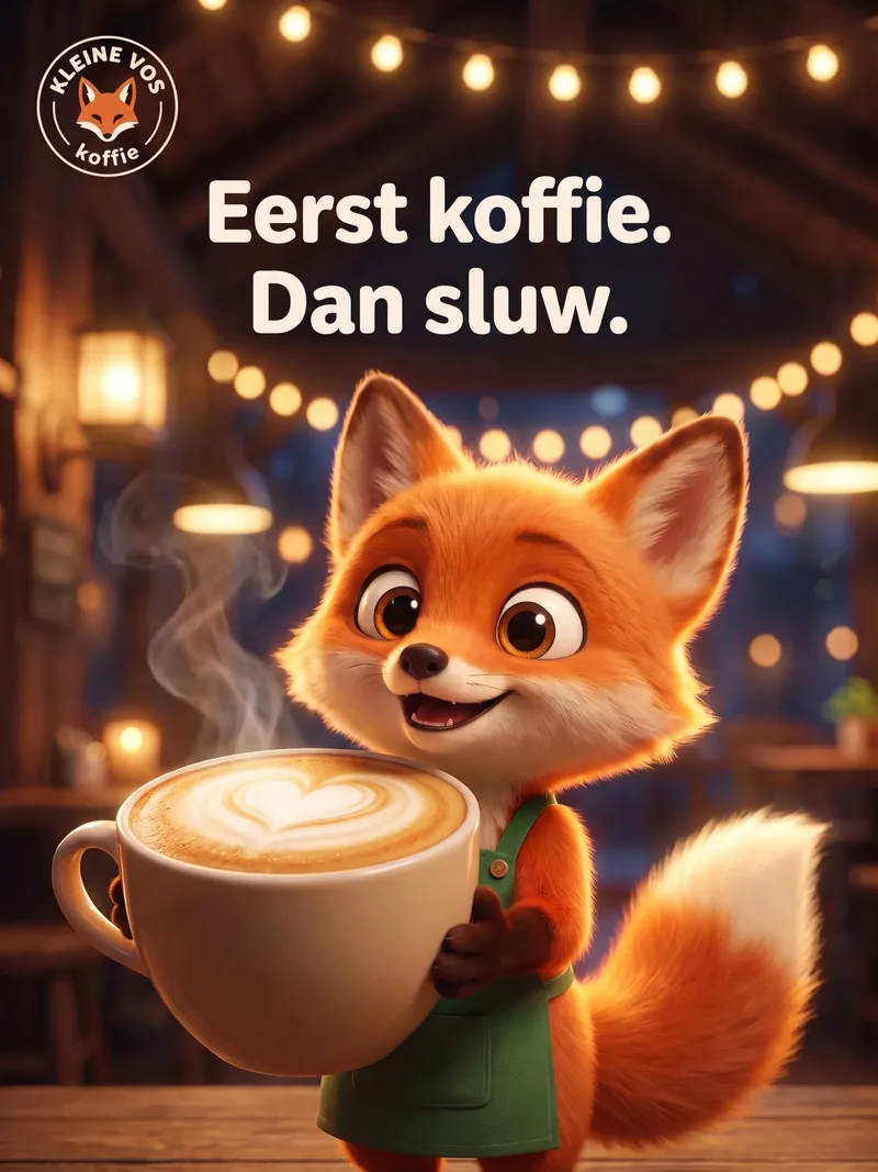 Geanimeerd vosje met schort houdt een grote cappuccino vast, met de kop Eerst koffie, dan sluw voor Kleine Vos koffie