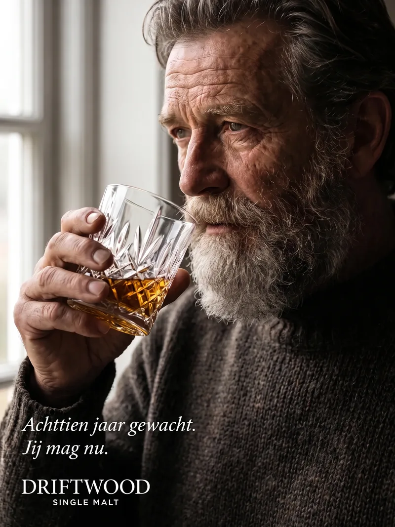 Portret van een oudere man met grijze baard die whisky drinkt, met de tekst Achttien jaar gewacht, jij mag nu voor Driftwood single malt