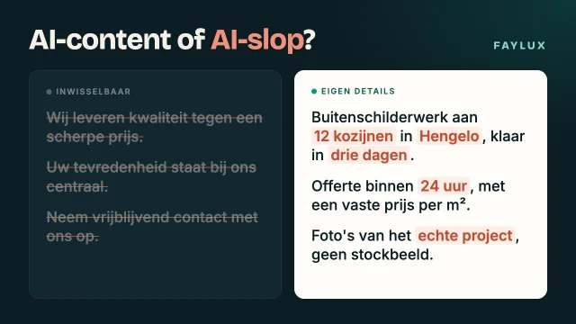 Inwisselbare zinnen als 'Wij leveren kwaliteit tegen een scherpe prijs' naast zinnen met eigen details: 12 kozijnen in Hengelo, klaar in drie dagen