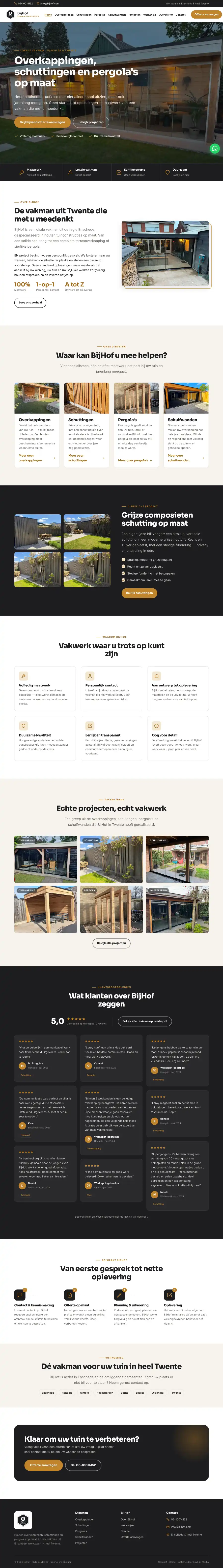 De hele homepage van BijHof, die meescrolt terwijl je de pagina scrolt