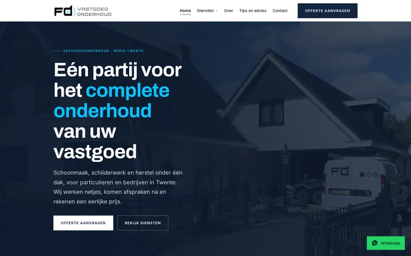 Website van FD Vastgoed Onderhoud met een plaatspagina voor Almelo, gebouwd door FayLux Media