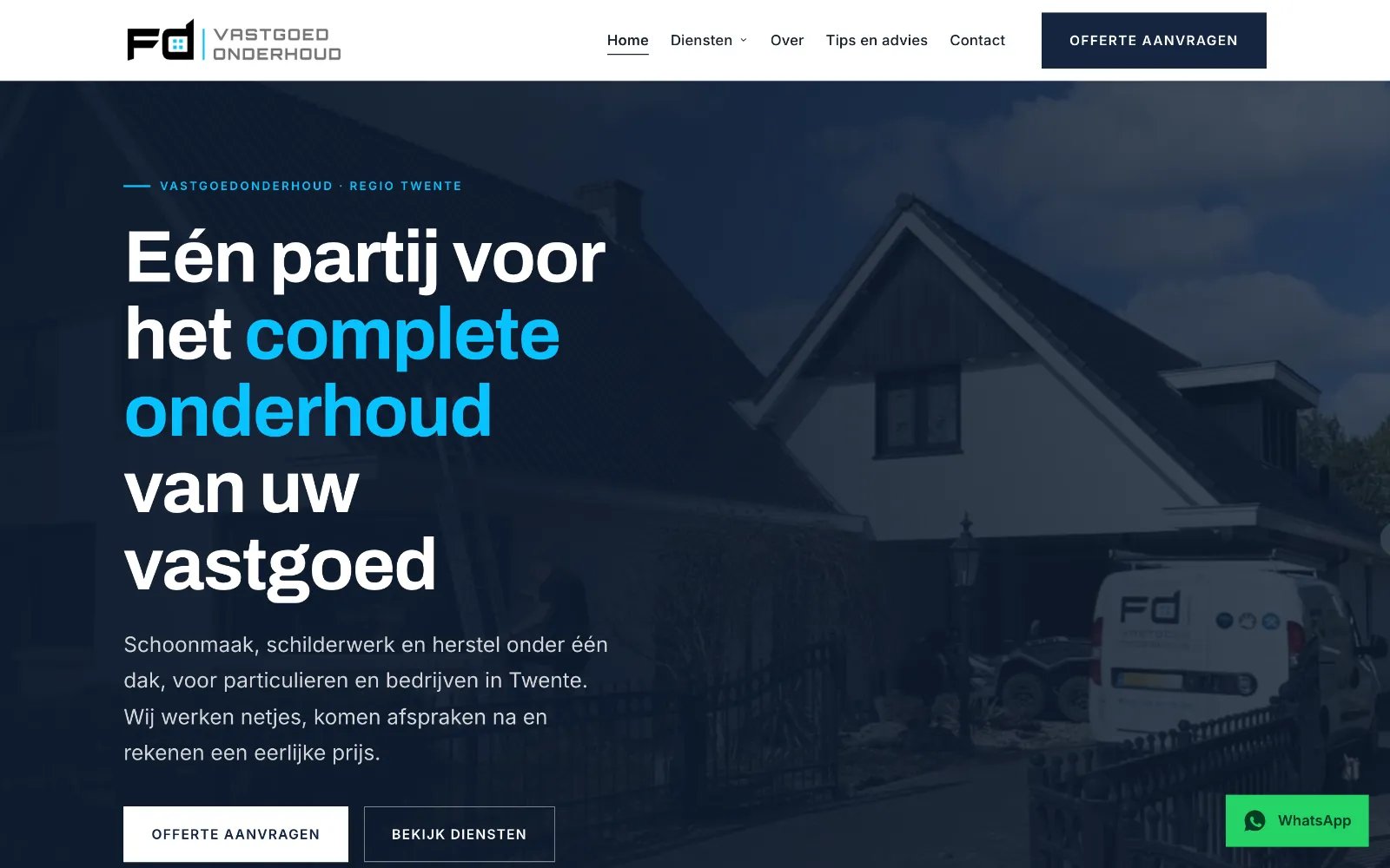 De homepage van FD Vastgoed Onderhoud op een laptop