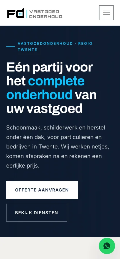 De homepage van FD Vastgoed Onderhoud op een telefoon