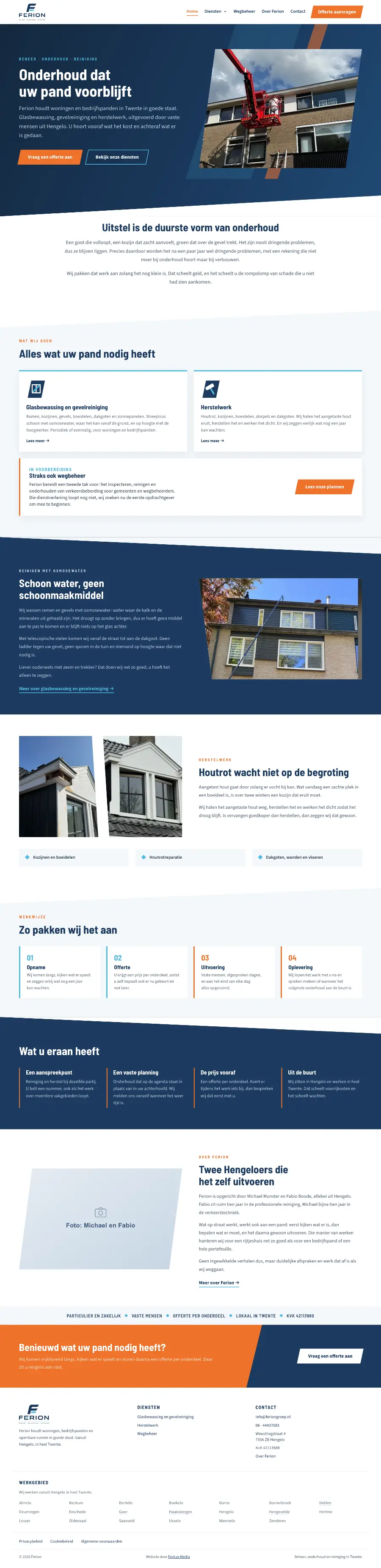 De hele homepage van Feriongroep, die meescrolt terwijl je de pagina scrolt