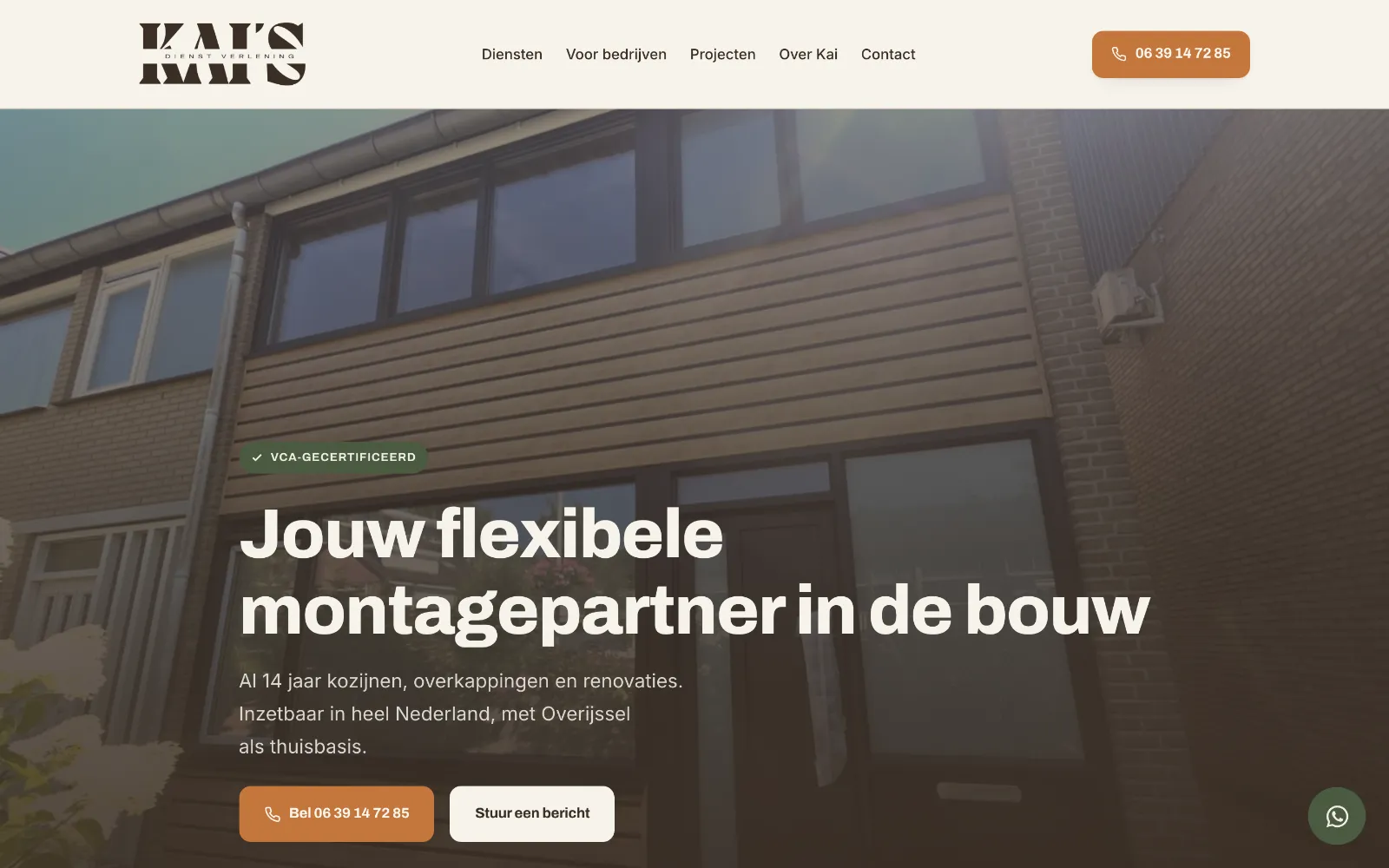 De homepage van Kai’s Dienstverlening op een laptop