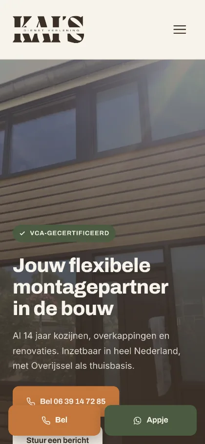 De homepage van Kai’s Dienstverlening op een telefoon