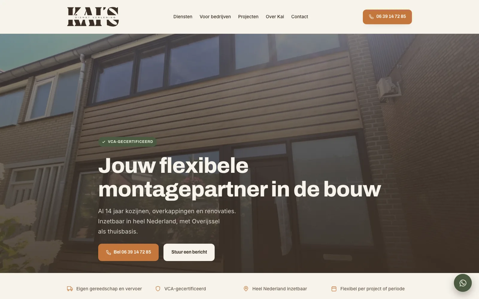 Website van Kai's Dienstverlening, montagepartner in de bouw