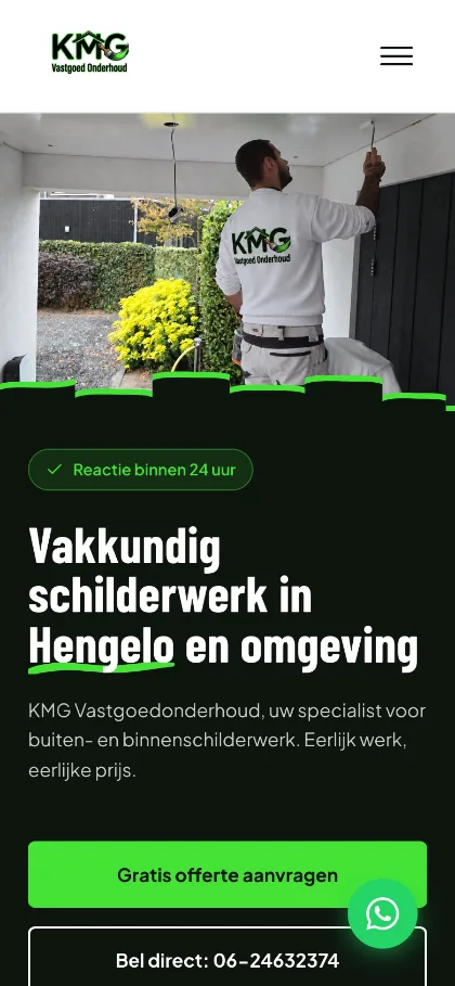 De homepage van KMG Vastgoedonderhoud op een telefoon