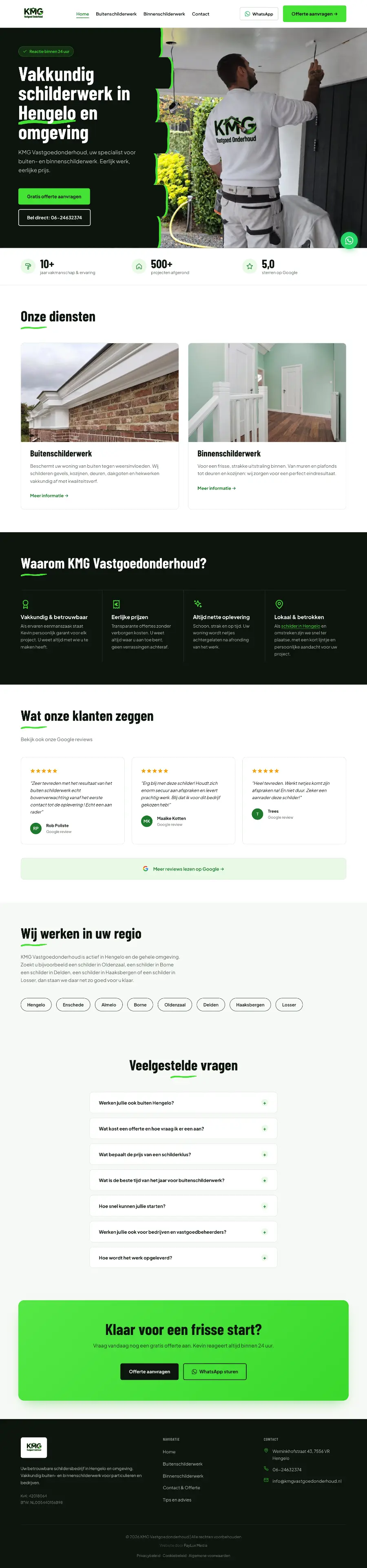 De hele homepage van KMG Vastgoedonderhoud, die meescrolt terwijl je de pagina scrolt