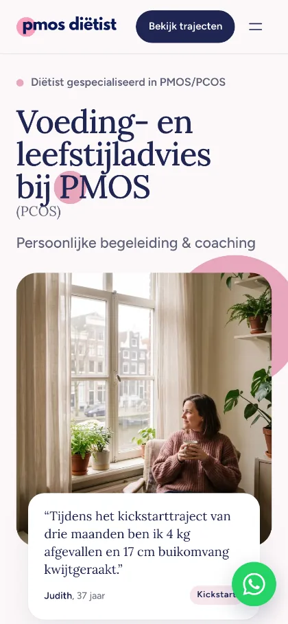 De homepage van De PMOS Diëtist op een telefoon