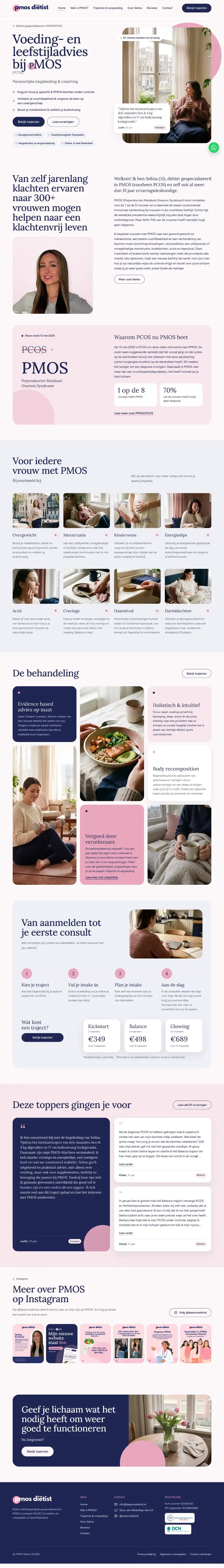 De hele homepage van De PMOS Diëtist, die meescrolt terwijl je de pagina scrolt