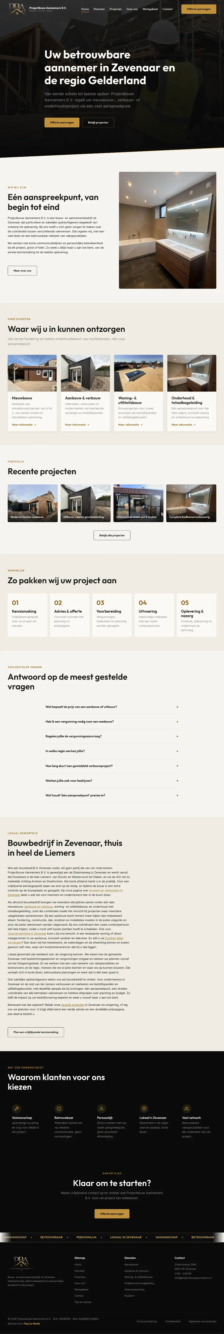 De hele homepage van Projectbouw Aannemers B.V., die meescrolt terwijl je de pagina scrolt