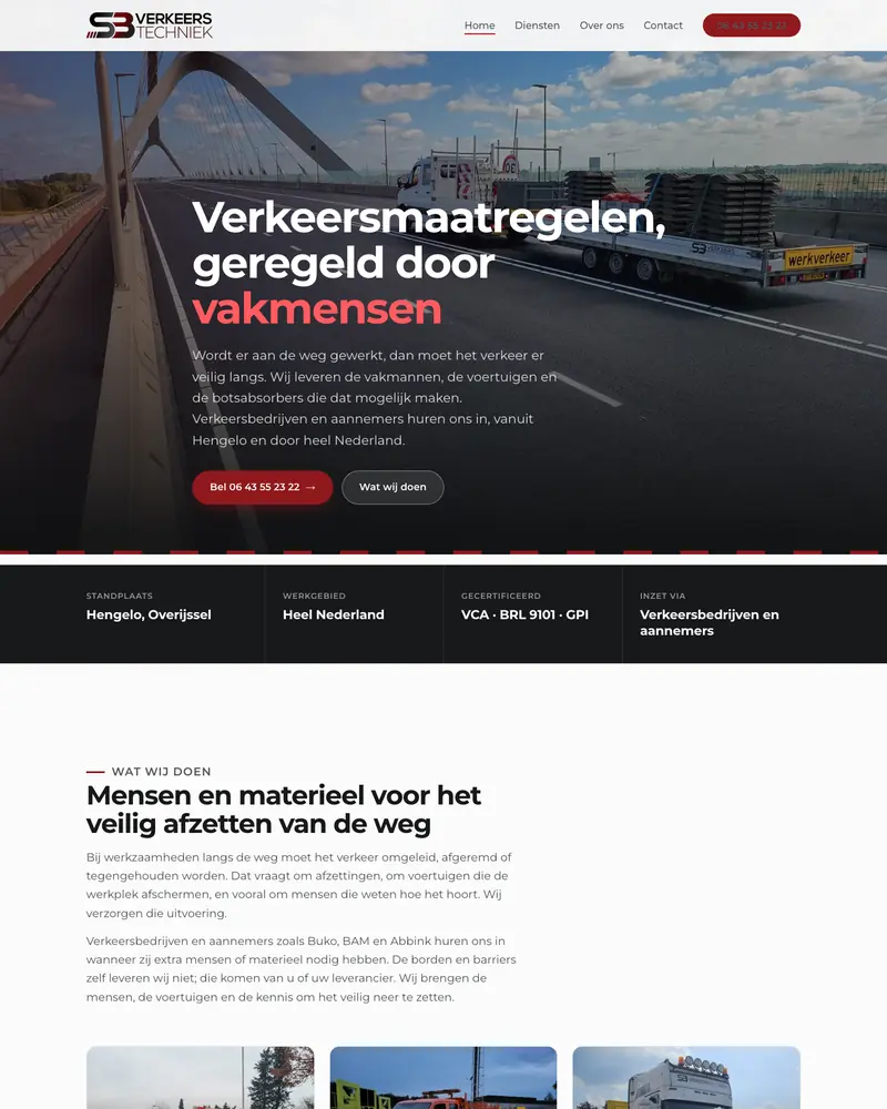 De homepage van SB Verkeerstechniek