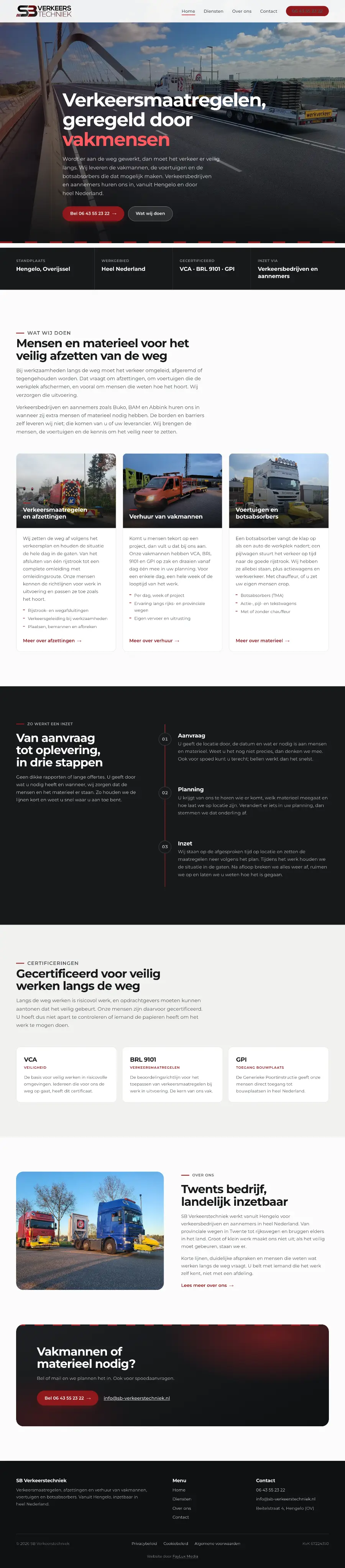De hele homepage van SB Verkeerstechniek, die meescrolt terwijl je de pagina scrolt