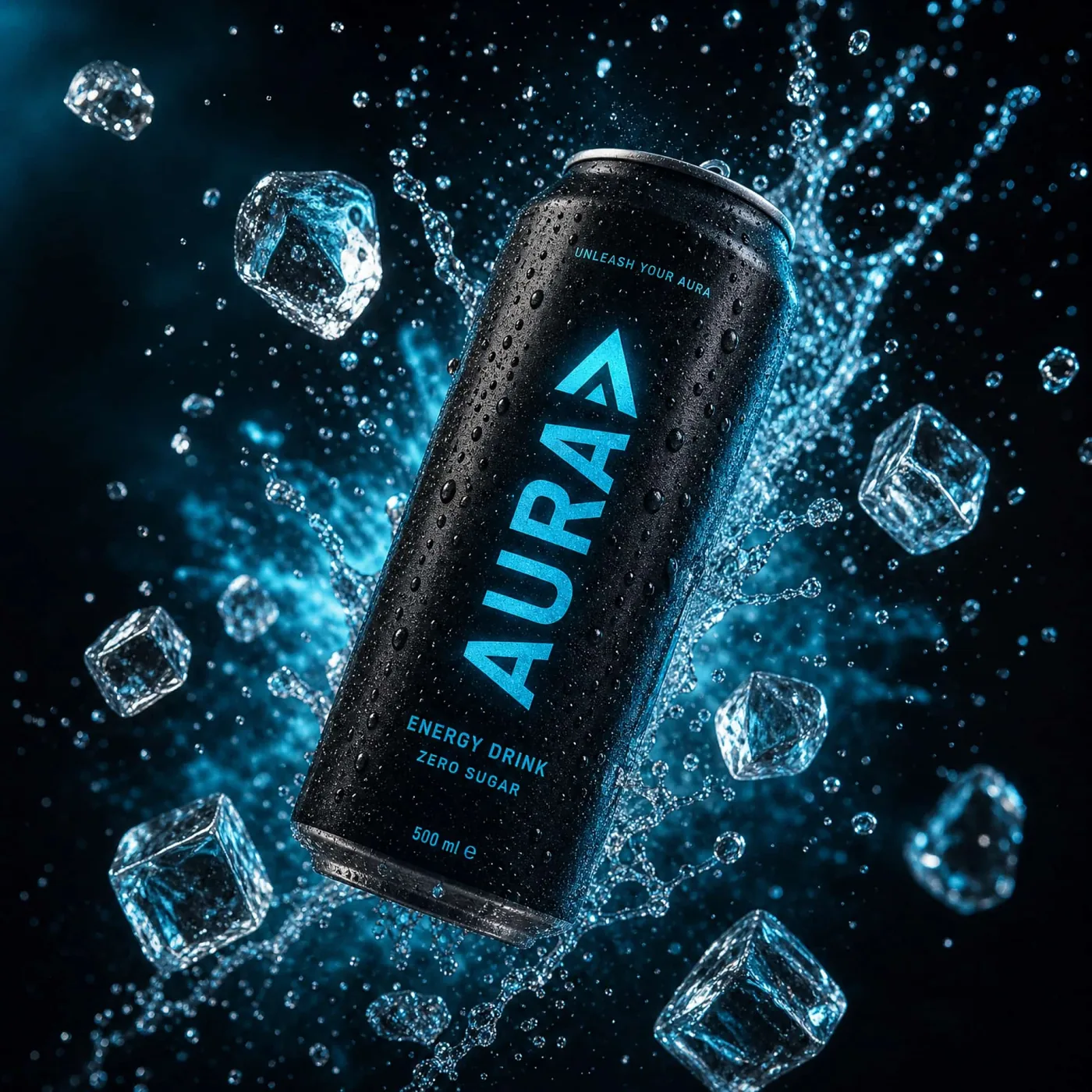 Hetzelfde blikje energydrink als bewerkt merkbeeld: diepzwarte achtergrond, opspattend water en ijsblokjes, met een blauw oplichtend logo.