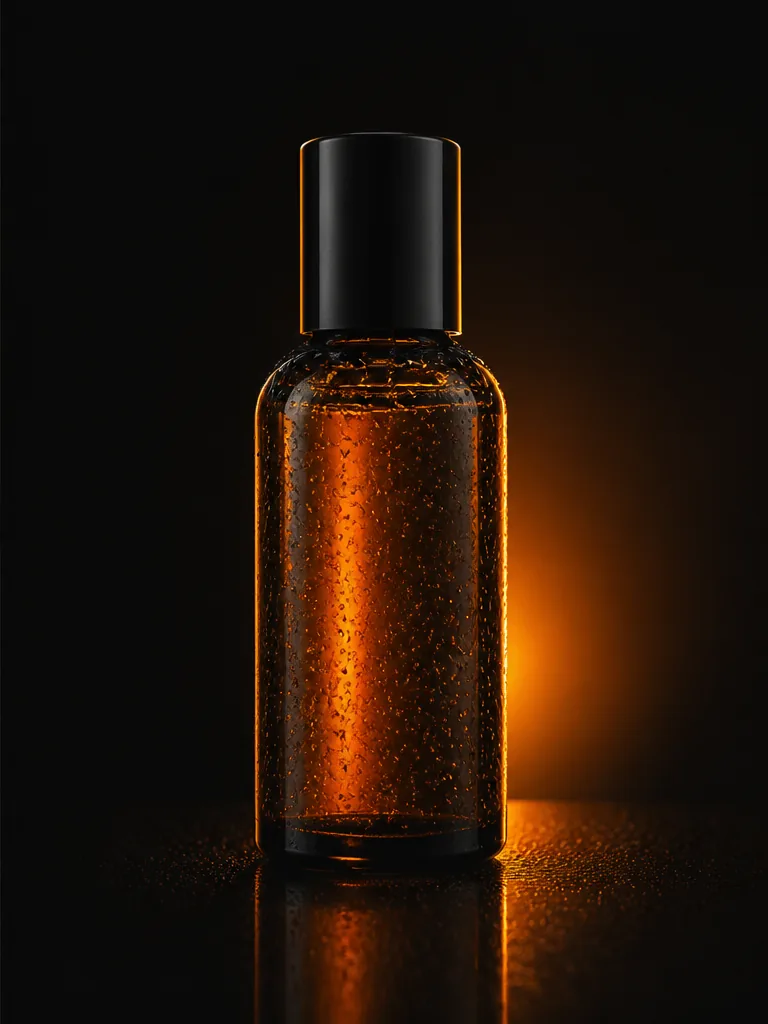 Dezelfde flacon als studio-packshot: donkere reflecterende ondergrond, warm randlicht en waterdruppels op het glas.
