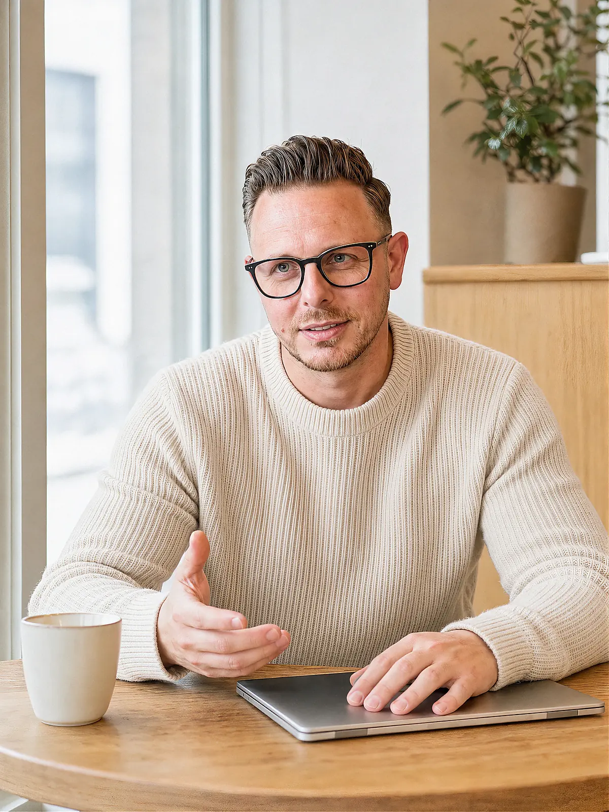 Kevin Blom in gesprek aan een tafel in een licht café, met een kop koffie en een dichte laptop