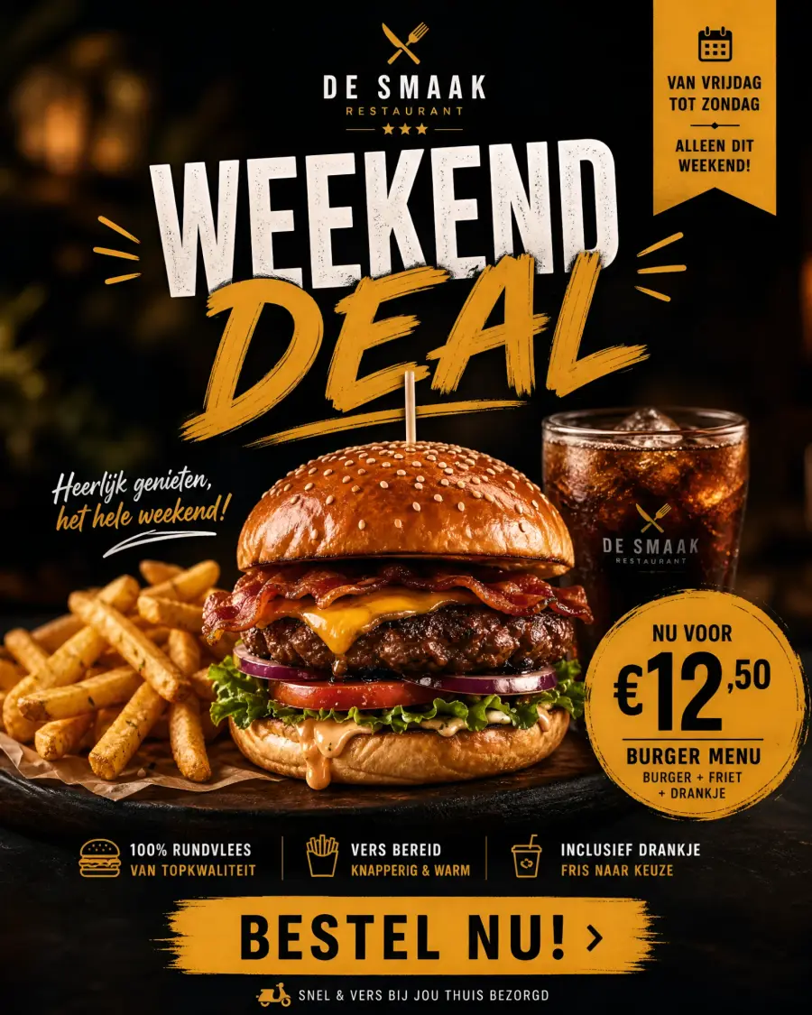 Content poster voor een restaurant: weekend deal met burger menu