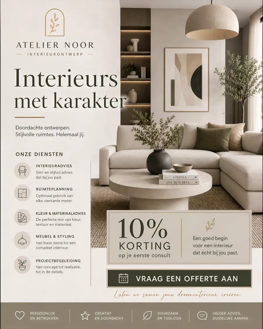 Content poster voor een interieurontwerper: diensten en kortingsactie