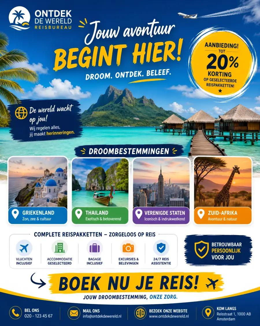 Content poster voor een reisbureau: droombestemmingen met korting op reispakketten