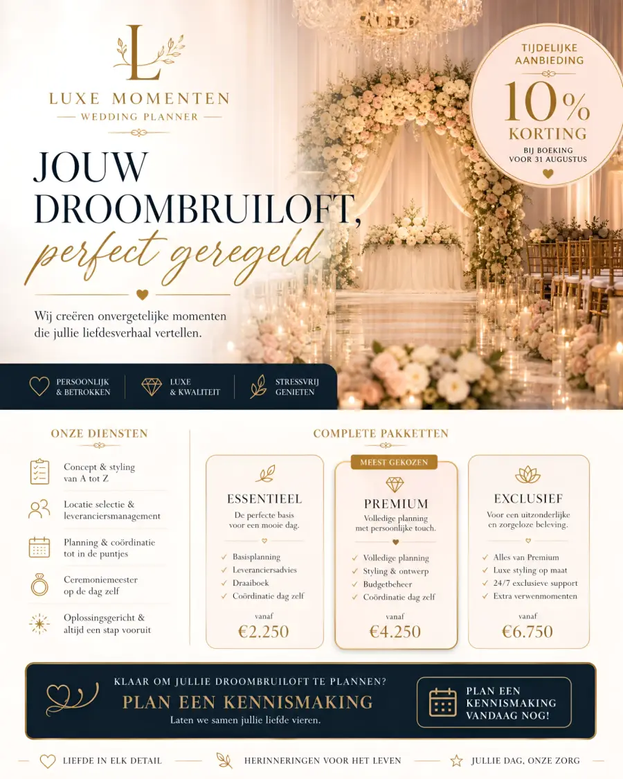 Content poster voor een weddingplanner: pakketten en tijdelijke korting